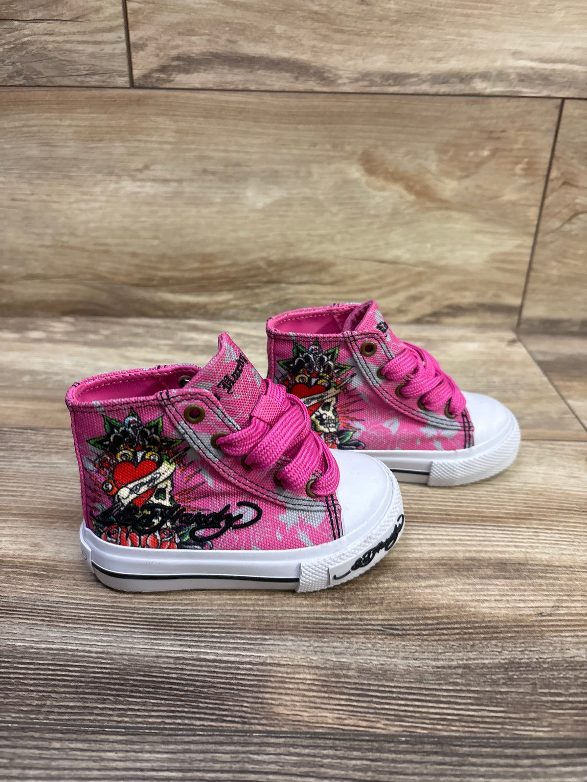 Ed Hardy Side Skull Hi Sneakers Pink sz 5c