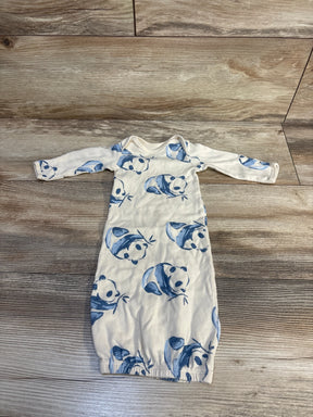Top-down view of Carter's cream sleeper gown with blue panda print, long sleeves and elastic bottom on wood floor