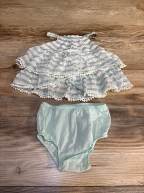 Baby girl’s ruffled mint green bikini set with lace trim, perfect for summer swimwear or beach outfits.