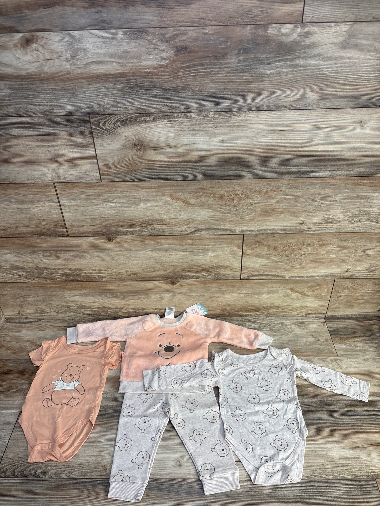 NEW Disney Baby 4pc Winnie The Pooh Plush Pull Over Sweater & Bodysuit Set Peach sz 18m