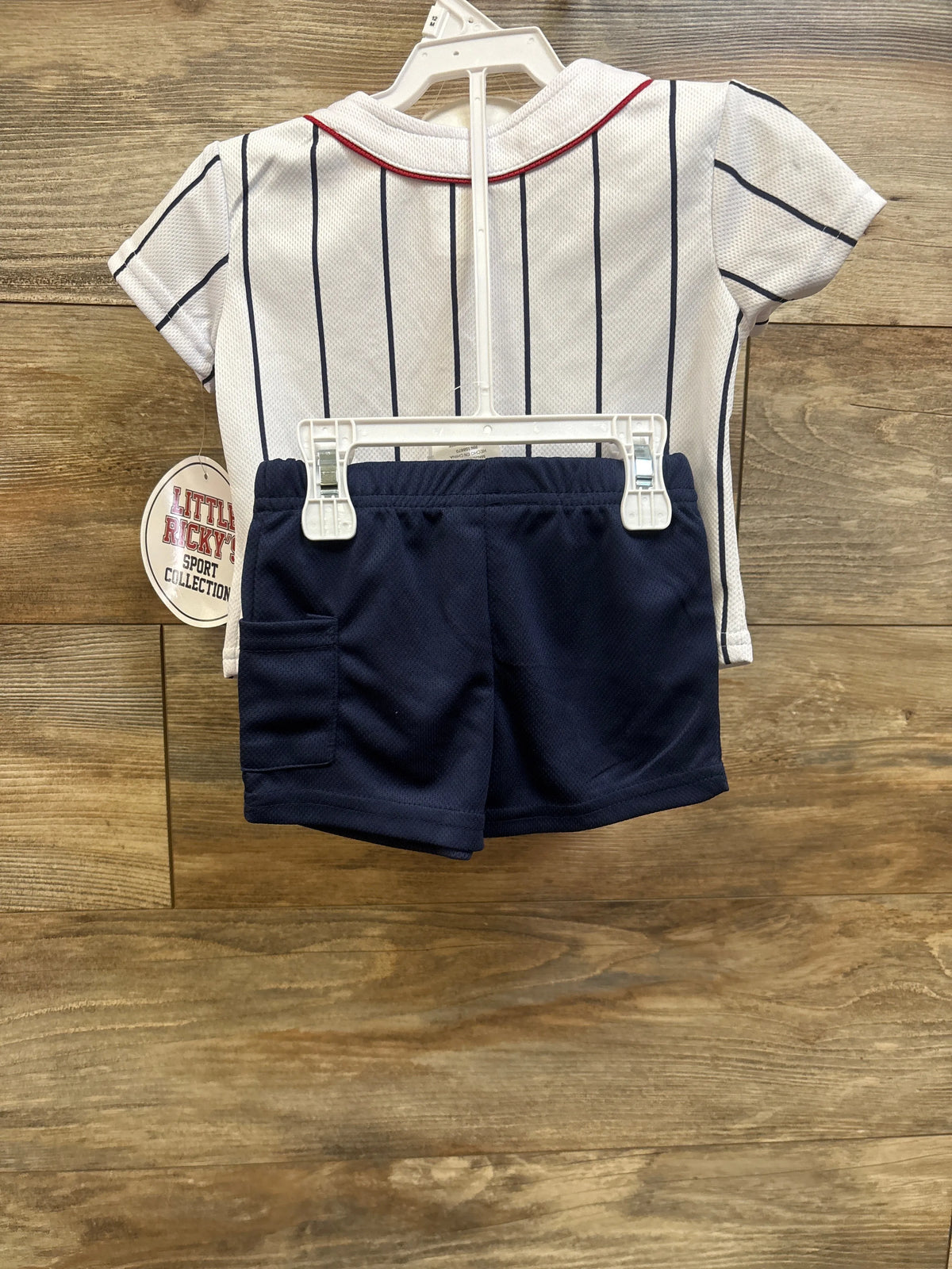 Little Ricky's 3pc Captain white pinstripe baseball jersey and navy blue shorts for baby size 12m