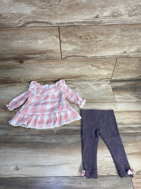 Pink plaid dress with lace trim and gray leggings for toddlers on wooden floor
