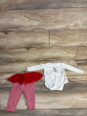 White Christmas tree onesie with red striped tutu pants, baby holiday outfit on wood floor