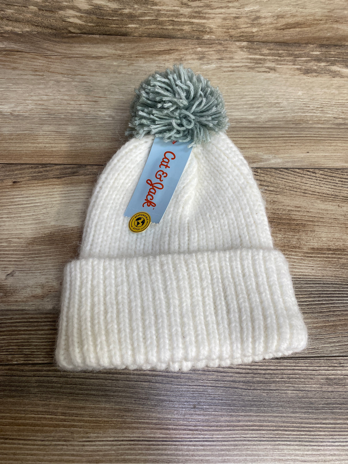 NEW Cat & Jack Knit Beanie w/ Pom Pom White sz 2T-5T