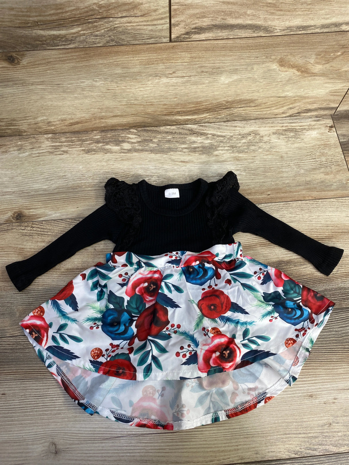 Ribbed Floral Bodysuit Dress Black sz 0-3m