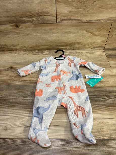 Front view of Child Of Mine grey blanket sleeper in newborn size with footed legs, front zipper, and animal print