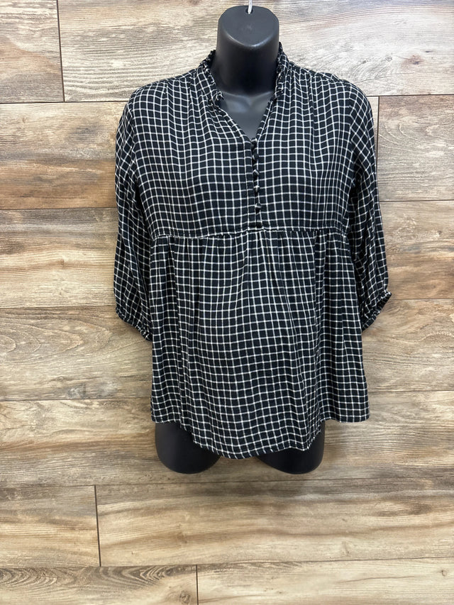 Front view of Isabel Maternity Flannel Popover Tunic showcasing black windowpane plaid, button neckline, and gathered waist on mannequin