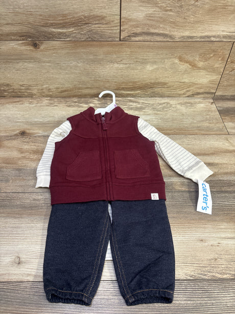 Front view of Carter’s 3 piece baby vest, bodysuit, and pants set with burgundy vest, striped sleeves, and dark pants