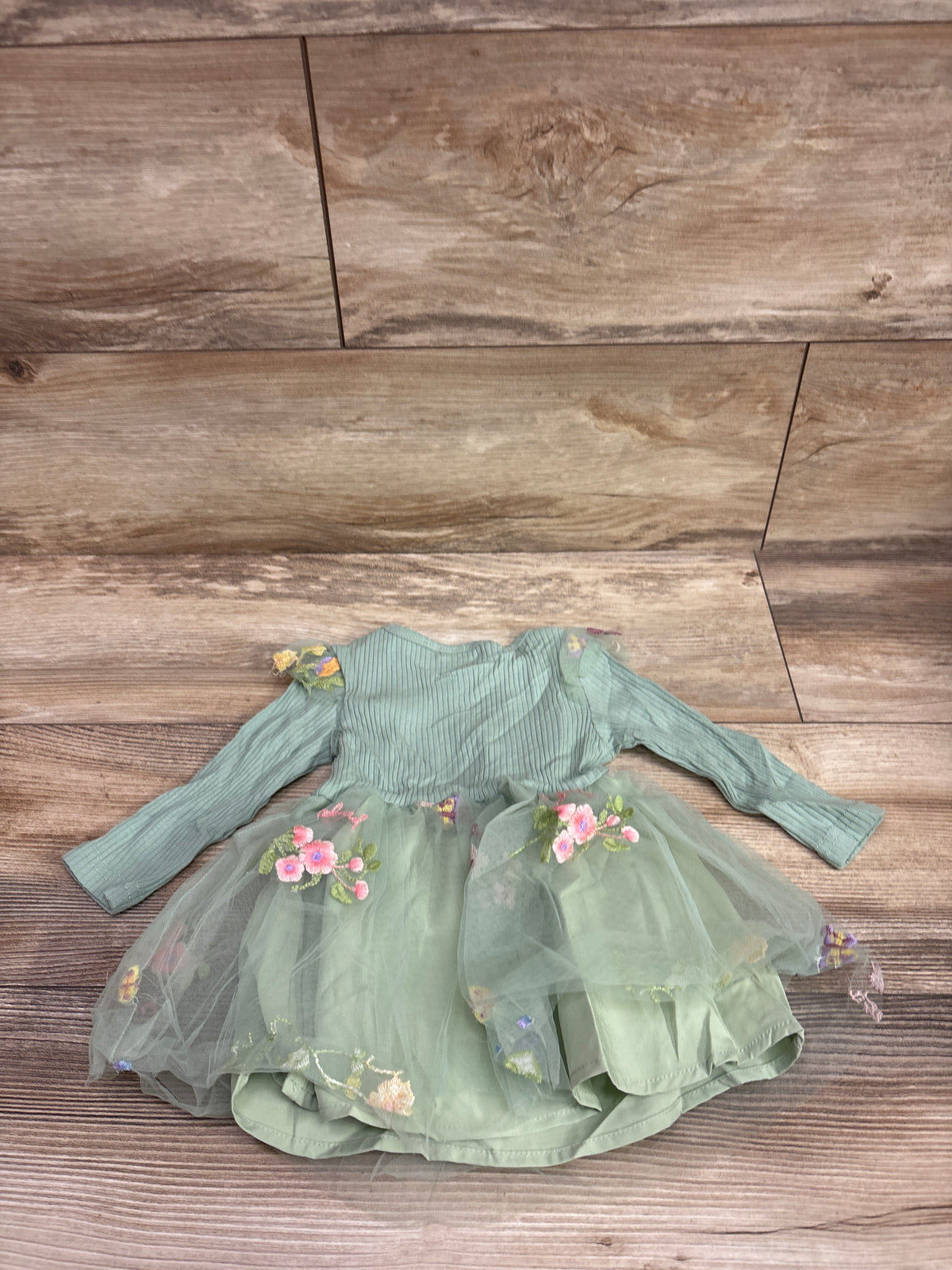 NEW PatPat Ribbed Long Sleeve Embroidered Tulle Dress Green sz 3-6m