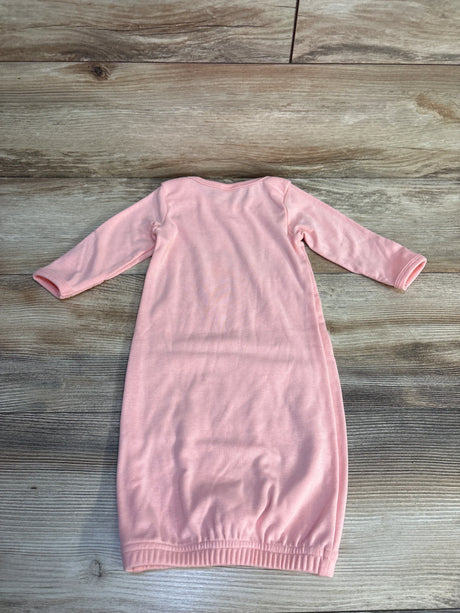 Pink long sleeve baby gown on wood floor, soft cotton newborn sleepwear