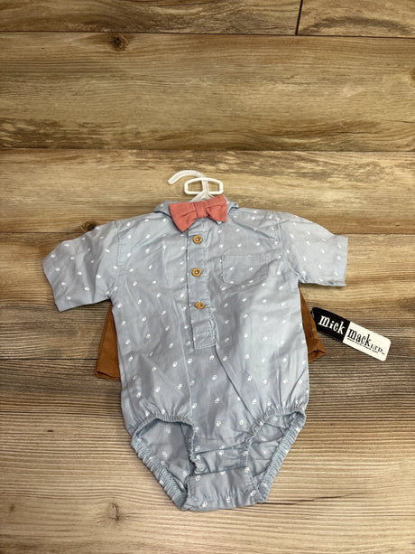New Me n Mommy To Be 2pc polo bodysuit and shorts set in blue with a pink bow tie