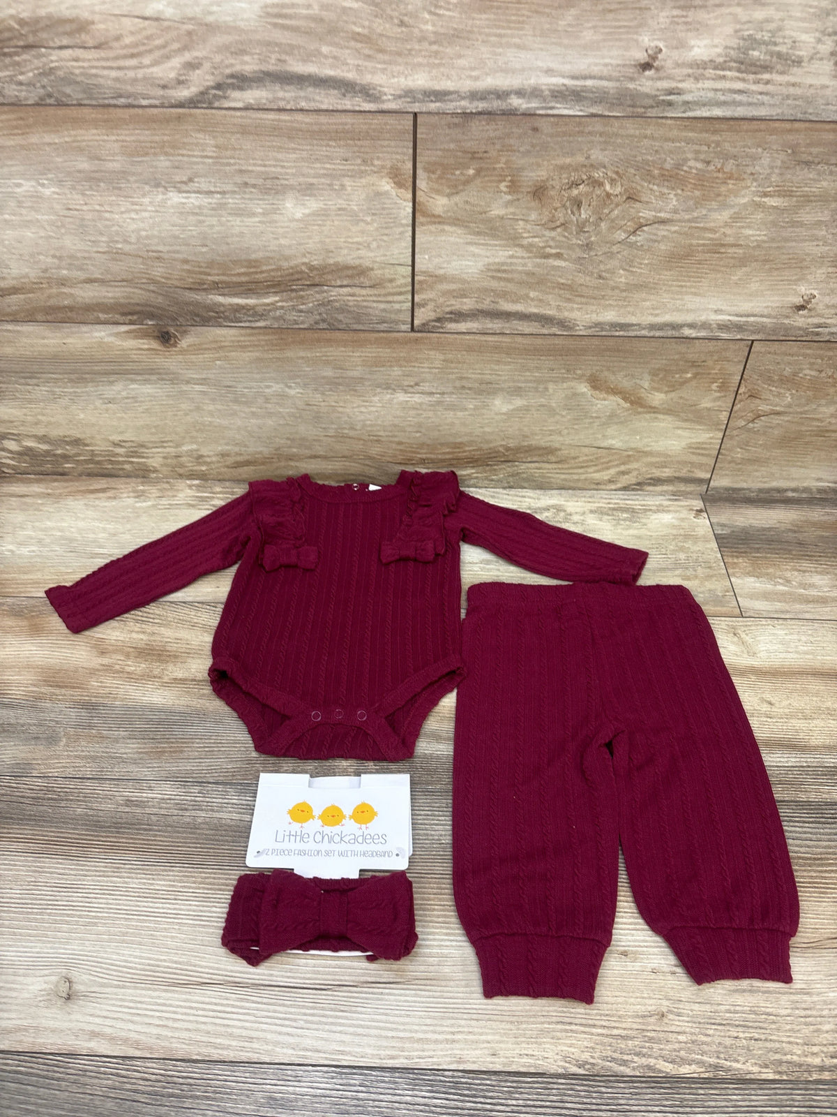 NWOT Little Chickadees 3pc Knit Bodysuit, Pants, & Headband Set Maroon sz 6/9m