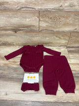 NWOT Little Chickadees 3pc Knit Bodysuit, Pants, & Headband Set Maroon sz 6/9m