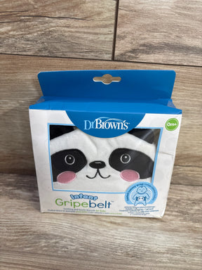 Front view of Dr. Brown's Infant Gripebelt in box showing green panda face design through packaging window on wood floor background