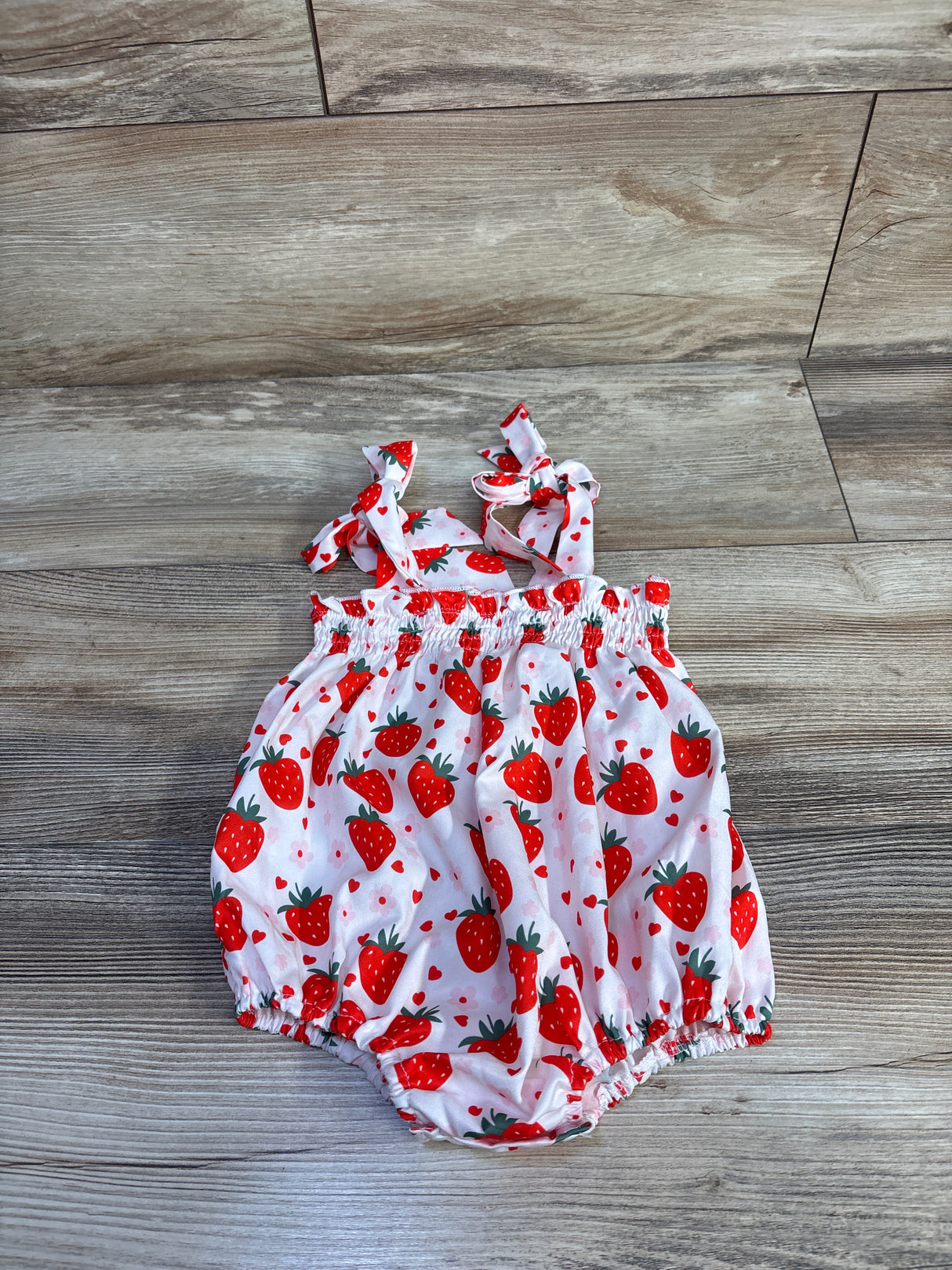 Strawberry Print Smocked Bubble Romper White sz 0-3m