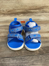 Blue toddler sandals with velcro straps on wood background, size 3, kids footwear