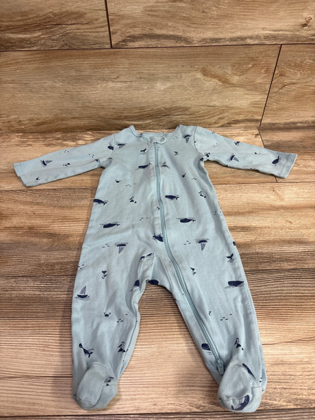 Front view of Just One You blue sleeper, size 9 months, with full-length zipper, footed legs, and whale print