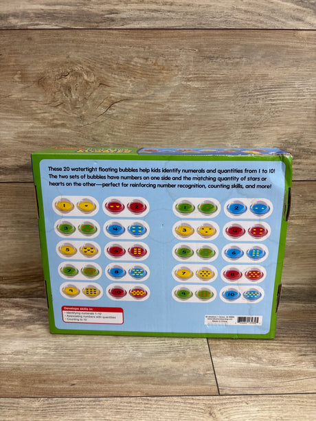 Back of Lakeshore Float and Find Number Bubbles box showing 20 floating bubbles for numbers and quantities 1 to 10