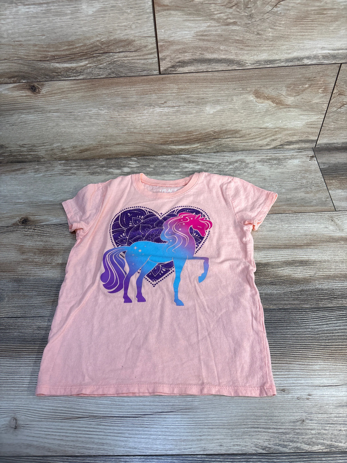 Children's Place Glitter Heart & Unicorn Shirt Pink sz 5-6