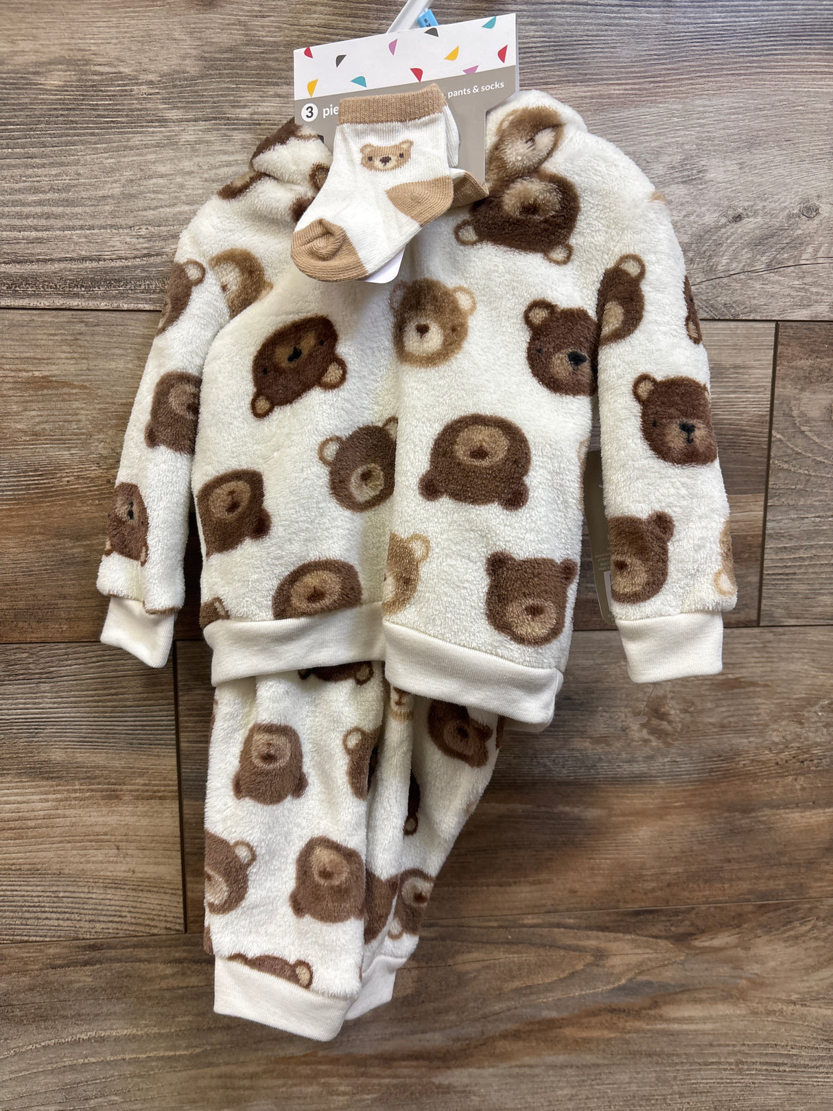 NEW Baby Starters 3pc Bear Plush Sweatshirt, Joggers, & Socks Set Ivory sz 6m