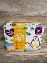 Parent's Choice baby diapers size 1 box, 168 count, with penguin design on wood background