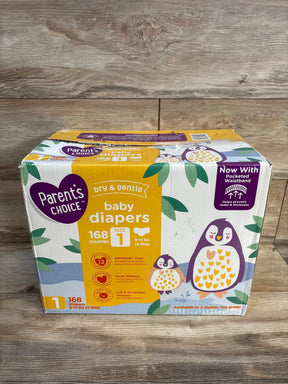 Parent's Choice baby diapers size 1 box, 168 count, with penguin design on wood background