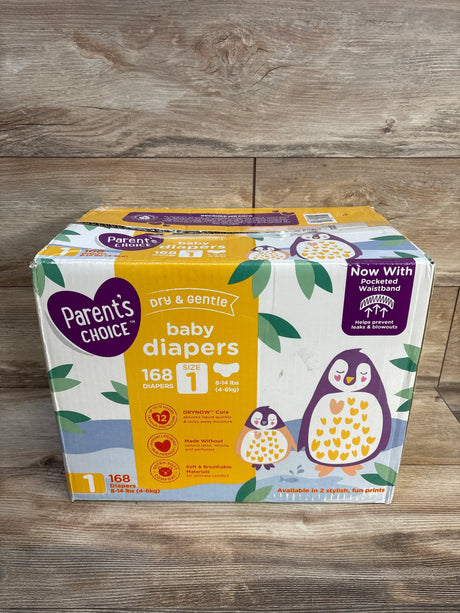 Parent's Choice baby diapers size 1 box, 168 count, with penguin design on wood background