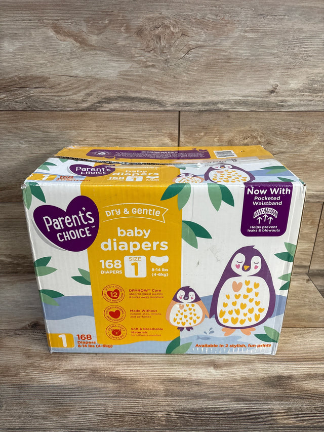 Parent's Choice baby diapers size 1 box, 168 count, with penguin design on wood background