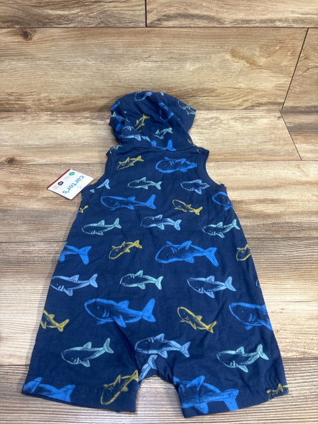 Navy blue Carter's hooded shortie romper for infants with a colorful shark print pattern