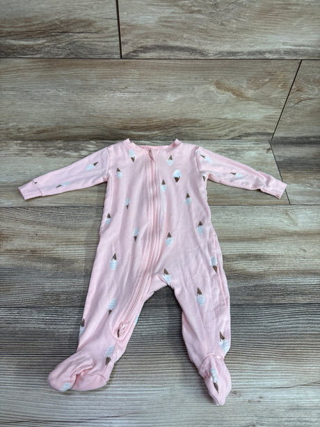 Front view of the Pekkle Ice Cream Sleeper in pink size 3 months with ice cream print long sleeves footed legs and front zipper on a wood look floor