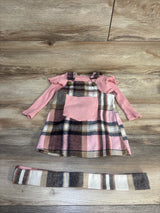 3pc Ribbed Bodysuit & Plaid Skirtall Set Pink sz 12-18m