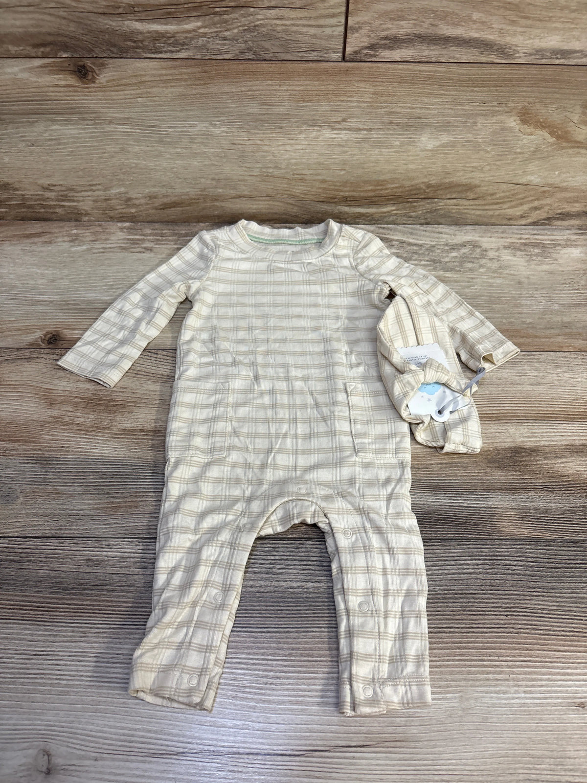 NEW Cloud Island 2Pc Jacquard Checkered Romper & Hat Beige sz 0-3m