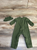 Olive green ribbed baby romper and matching hat with bear ears on wood background
