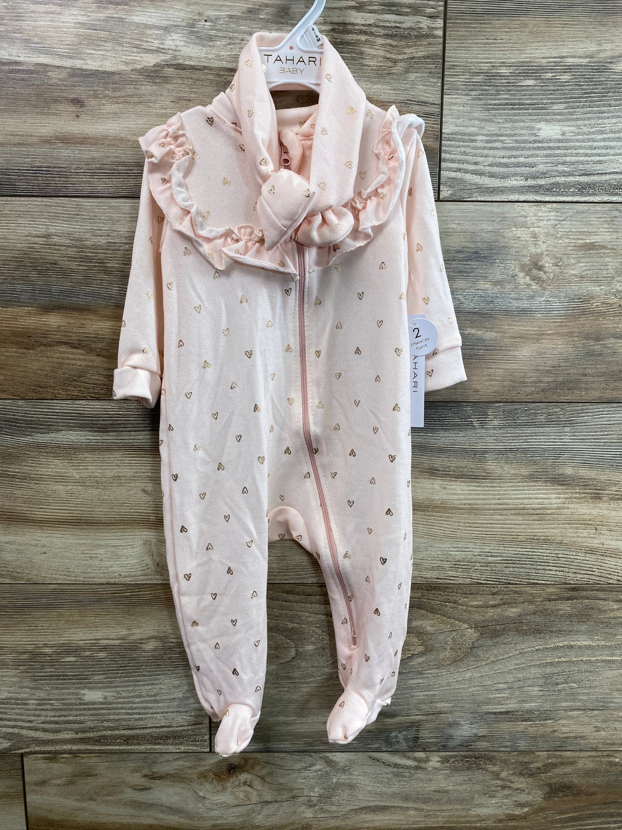 NEW Tahari Baby 2pc Heart Print Footie & Headband Pink sz 6-9m