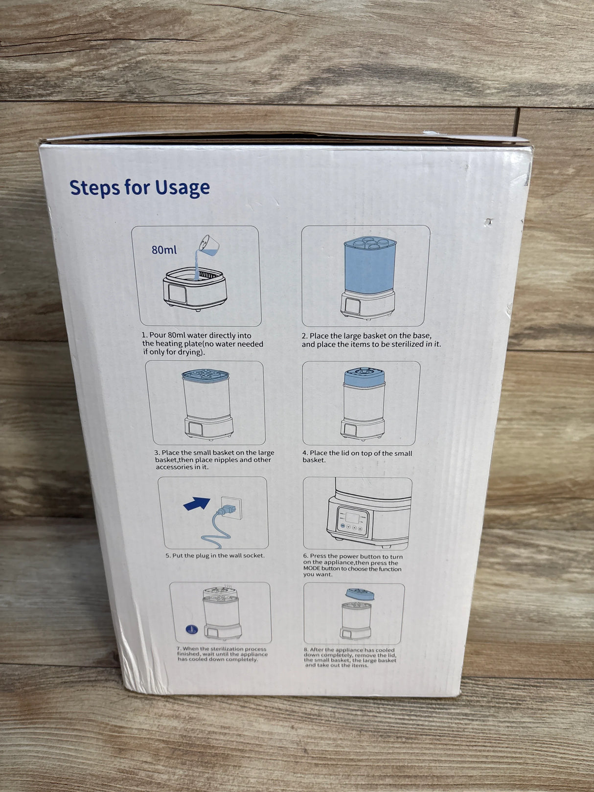 Baby bottle sterilizer usage instructions on product packaging with illustrated steps