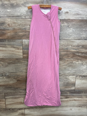Pink sleeveless baby sleep sack with front zipper on wooden background