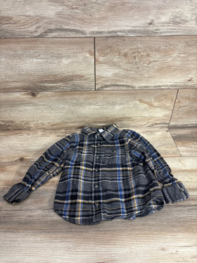 Kids flannel plaid button-up shirt with long sleeves, blue, yellow, and gray checks