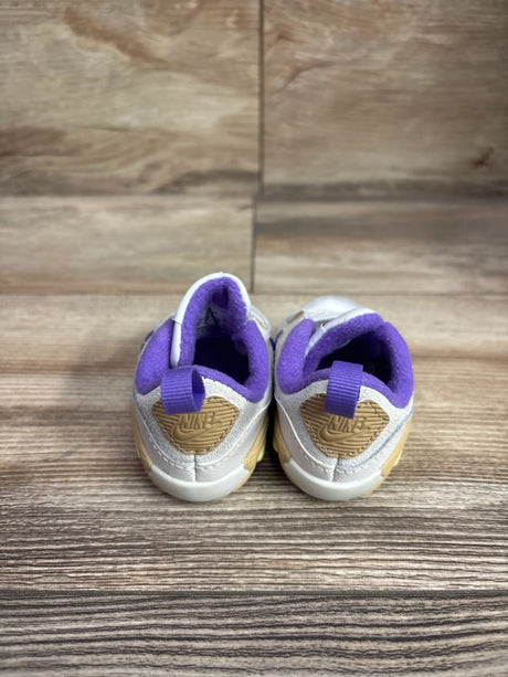 Rear view of Nike Air Max 90 CB crib sneakers in White Action Grape, size 2C, showing purple collars and Nike heel logos