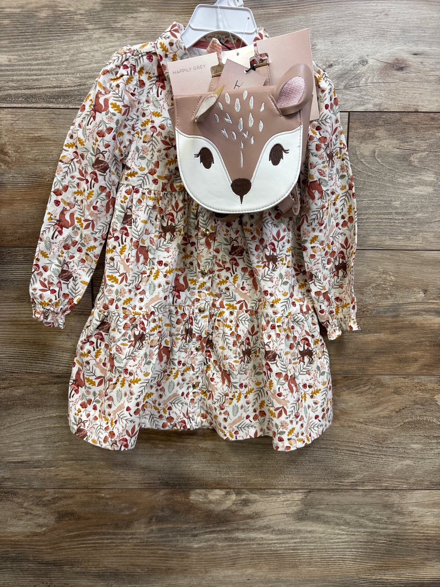 NEW Happily Grey 2pc Long Sleeve Fall Dress & Deer Bag Ivory sz 3T