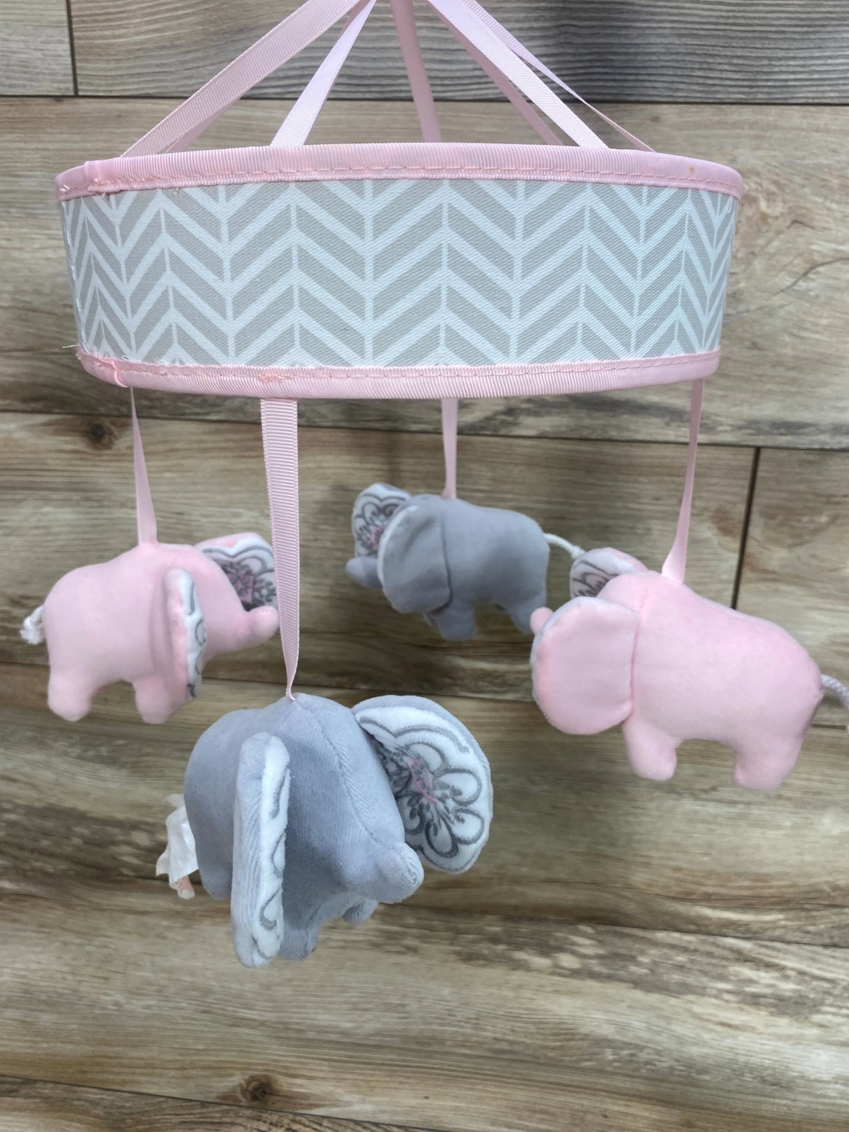 The Peanutshell Pink/Grey Elephant Musical Crib Mobile