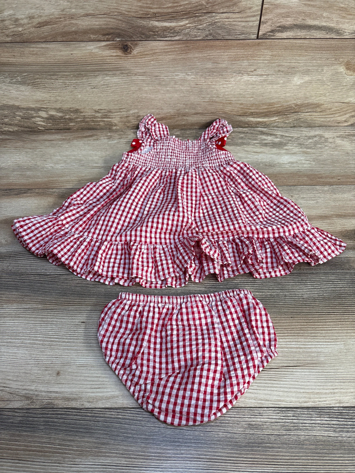 Rare Editions 2pc Gingham Smocked Dress & Bloomers Red sz 12m - Me n Mommy To Be