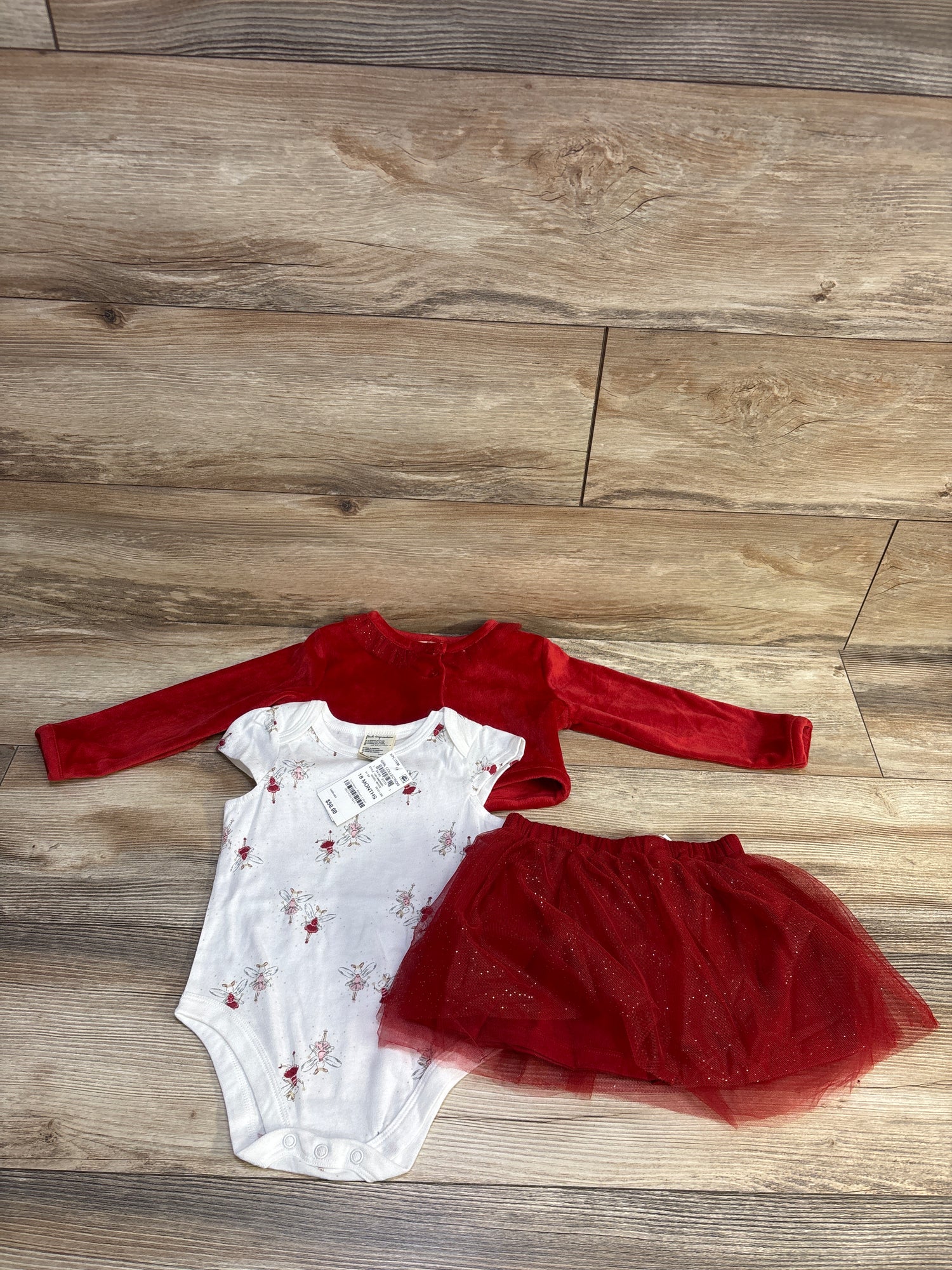 NEW First Impressions 3pc Bodysuit, Skirt, & Velour Cardigan Red sz 18m