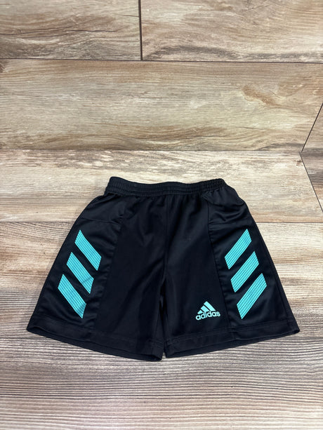 Front view of black Adidas mesh shorts showcasing turquoise side stripes and elastic waistband on a wood floor