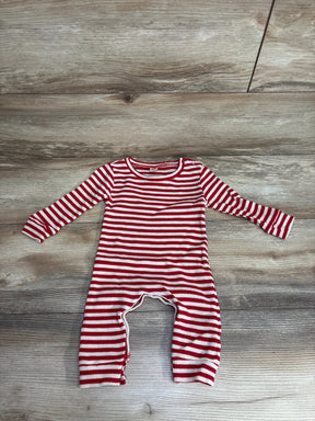 Red and white striped long-sleeve baby romper on wooden floor, kids clothing resale