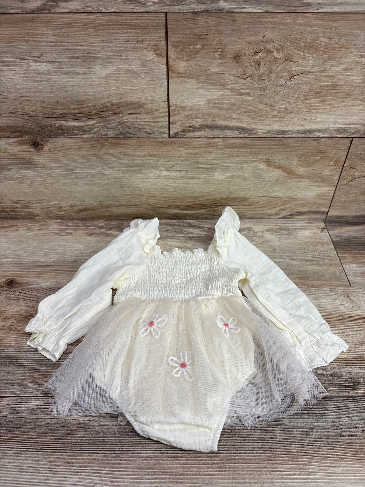 IMEKIS Long Sleeve Smocked 1st Birthday Tulle Romper Cream sz 9-12m