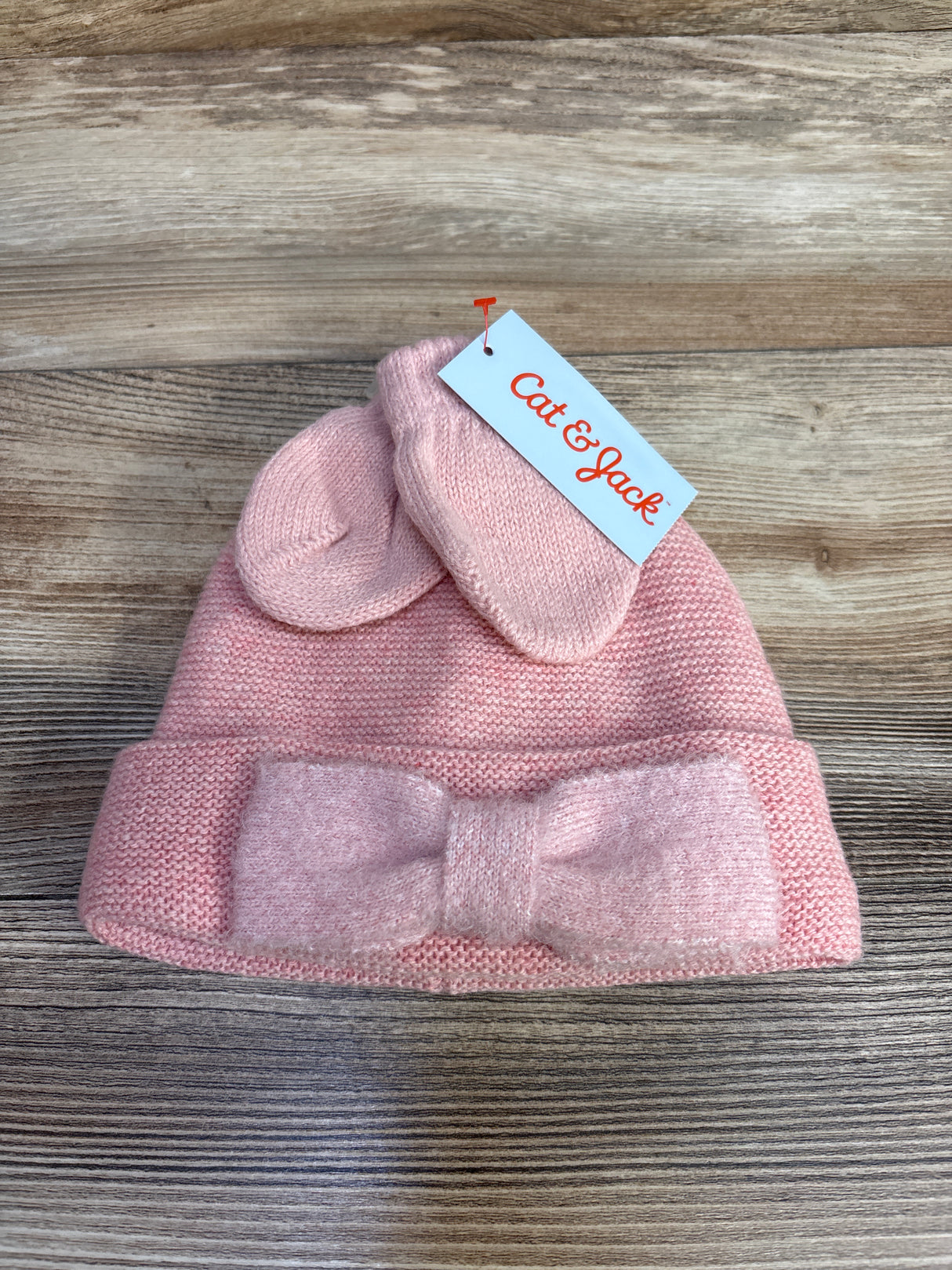 NEW Cat & Jack Knitted Bow Beanie and Mittens, Pink sz 6-12m