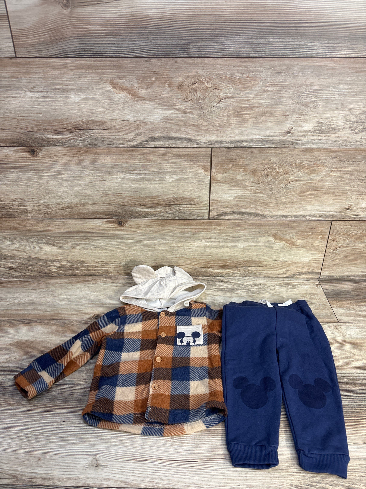 NEW Disney Baby 2pc Mickey Fleece Hooded Shirt & Joggers Set Beige sz 12m