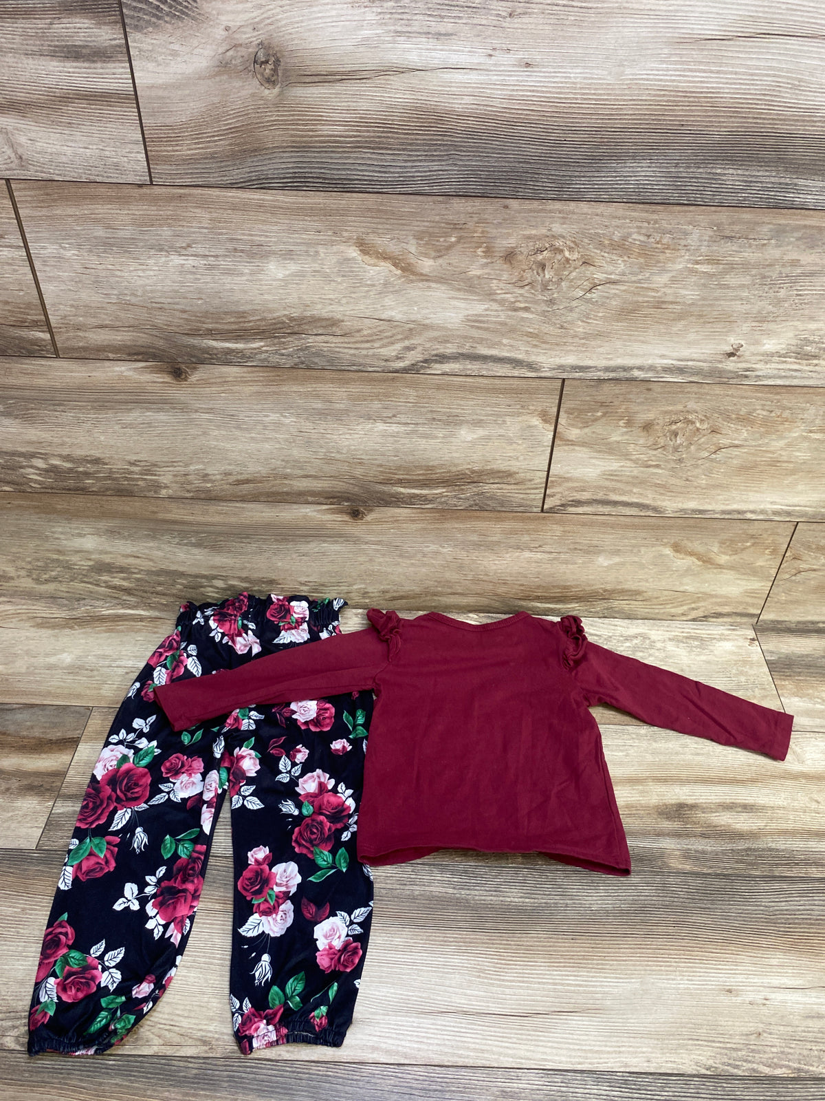 2pc Long Sleeve Shirt & Floral Pants Set Burgundy sz 3-4T