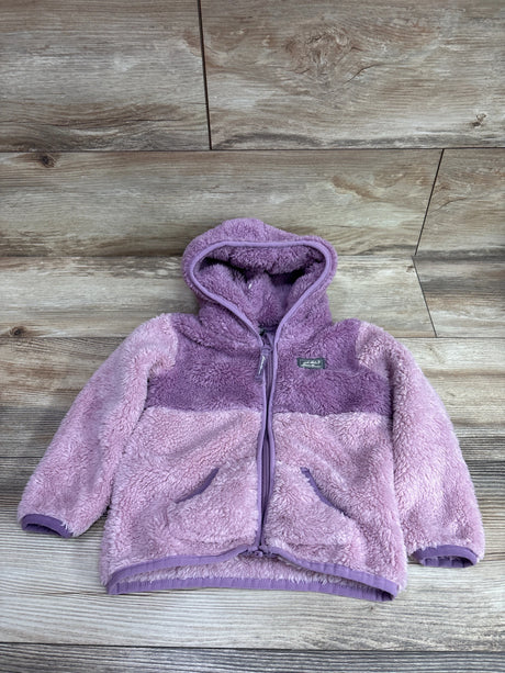 Front view of purple Eddie Bauer plush jacket showcasing hood, full zip closure, and two front pockets on a wood-grain background