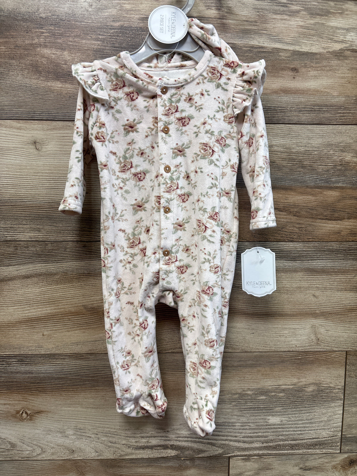 NEW Kyle + Deena 2pc Velour Footed Coverall & Hat Set Pink sz 3/6m